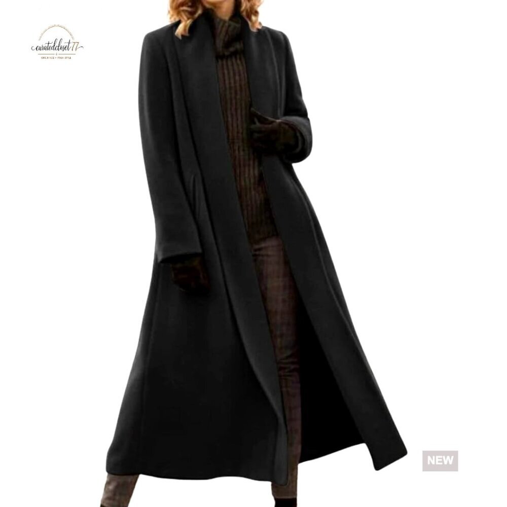 Elegant Shawl Collar Wool Pea Coat Formal Work Winter Mid Long Loose Fit